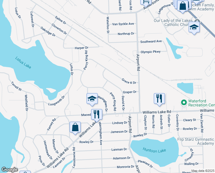 map of restaurants, bars, coffee shops, grocery stores, and more near 3672 Percy King Road in Waterford Township