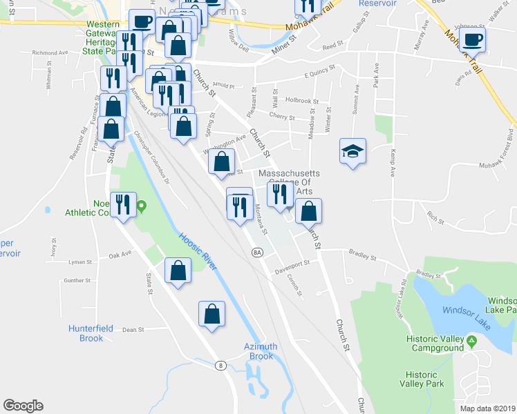 map of restaurants, bars, coffee shops, grocery stores, and more near Montana Street in North Adams