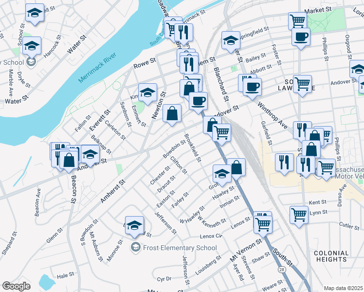 map of restaurants, bars, coffee shops, grocery stores, and more near 58 Bowdoin Street in Lawrence