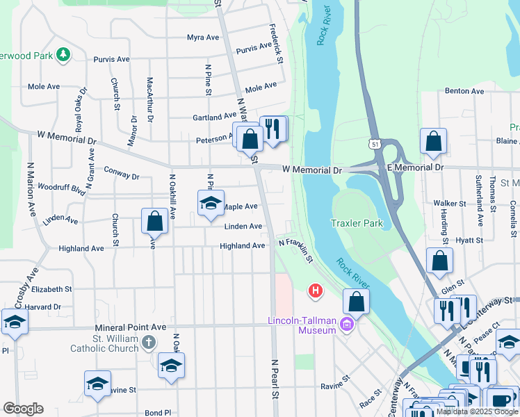 map of restaurants, bars, coffee shops, grocery stores, and more near 1316 Linden Avenue in Janesville