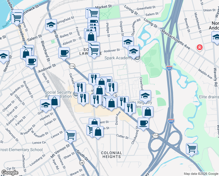 map of restaurants, bars, coffee shops, grocery stores, and more near 90-98 Winthrop Avenue in Lawrence