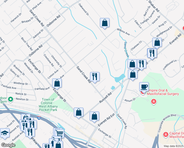 map of restaurants, bars, coffee shops, grocery stores, and more near 97A Sand Creek Road in Albany