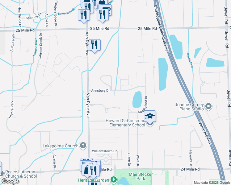map of restaurants, bars, coffee shops, grocery stores, and more near 54117 Powderhorn Ridge in Shelby Township