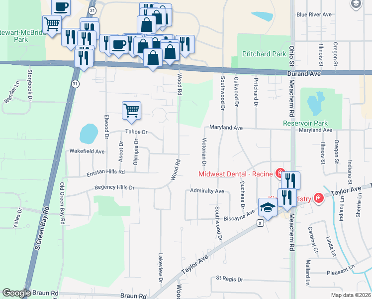 map of restaurants, bars, coffee shops, grocery stores, and more near 5409 Wakefield Avenue in Racine