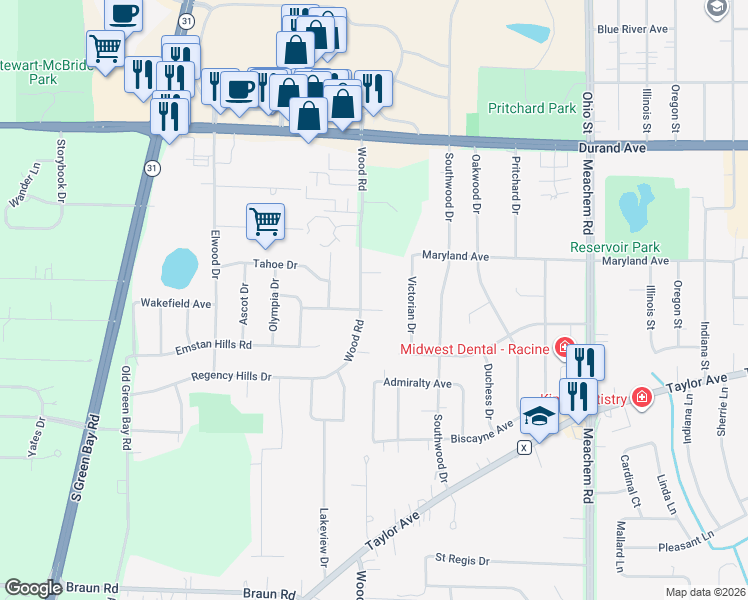 map of restaurants, bars, coffee shops, grocery stores, and more near 5409 Wakefield Avenue in Racine