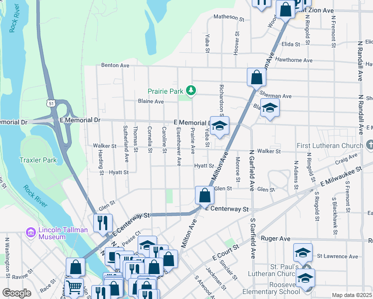 map of restaurants, bars, coffee shops, grocery stores, and more near 615 Prairie Avenue in Janesville