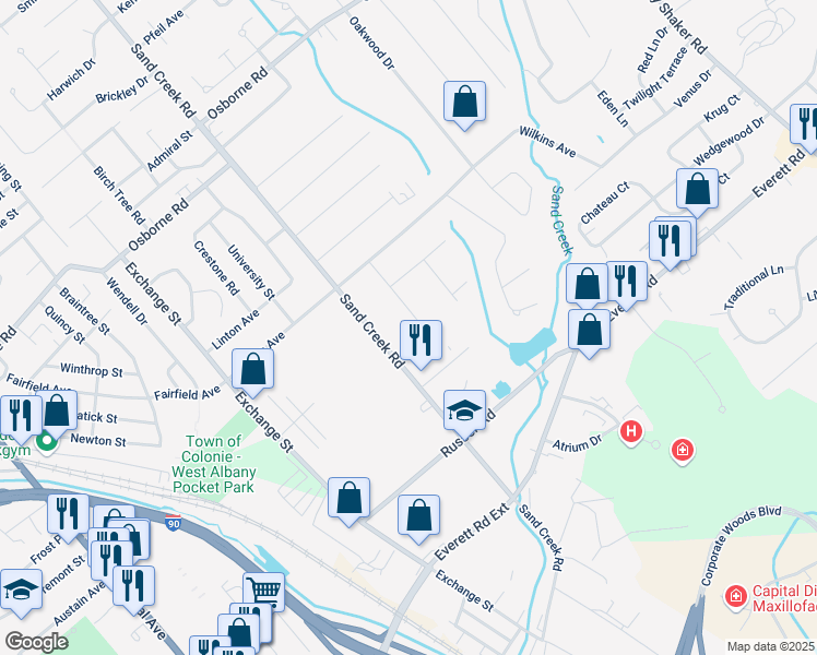 map of restaurants, bars, coffee shops, grocery stores, and more near 97A Sand Creek Road in Albany