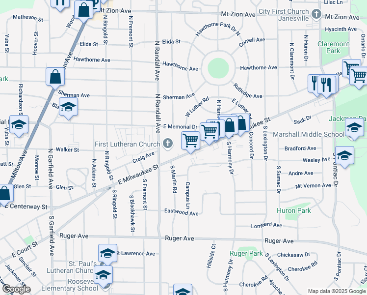map of restaurants, bars, coffee shops, grocery stores, and more near 1801 East Milwaukee Street in Janesville