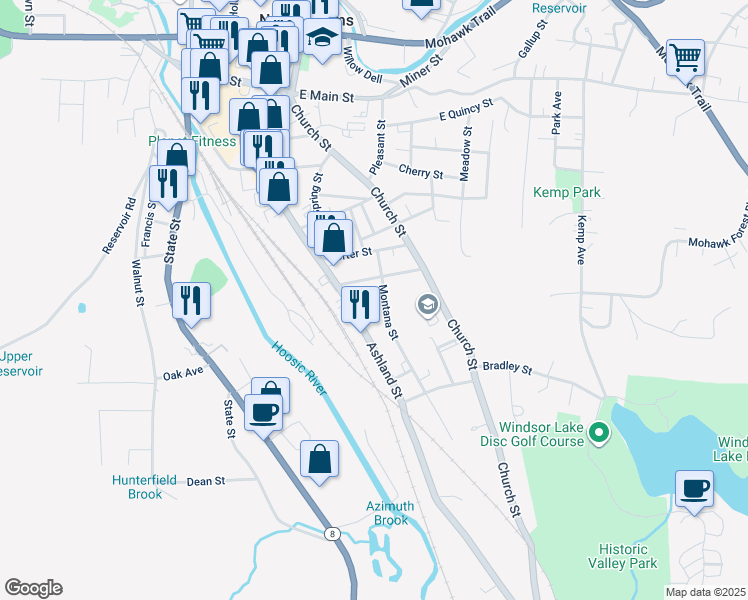 map of restaurants, bars, coffee shops, grocery stores, and more near Montana Street in North Adams