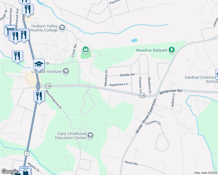 map of restaurants, bars, coffee shops, grocery stores, and more near 102 Williams Road in Troy