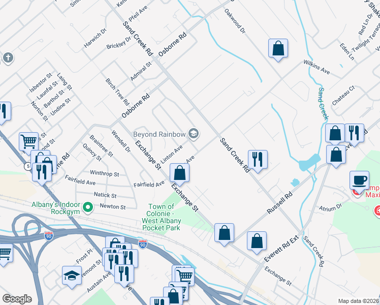map of restaurants, bars, coffee shops, grocery stores, and more near 18 Wilkins Avenue in Albany