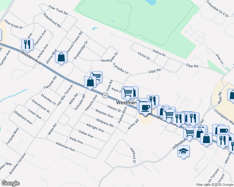 map of restaurants, bars, coffee shops, grocery stores, and more near 1842 Western Avenue in Albany