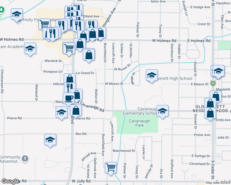 map of restaurants, bars, coffee shops, grocery stores, and more near 4113 Lowcroft Avenue in Lansing