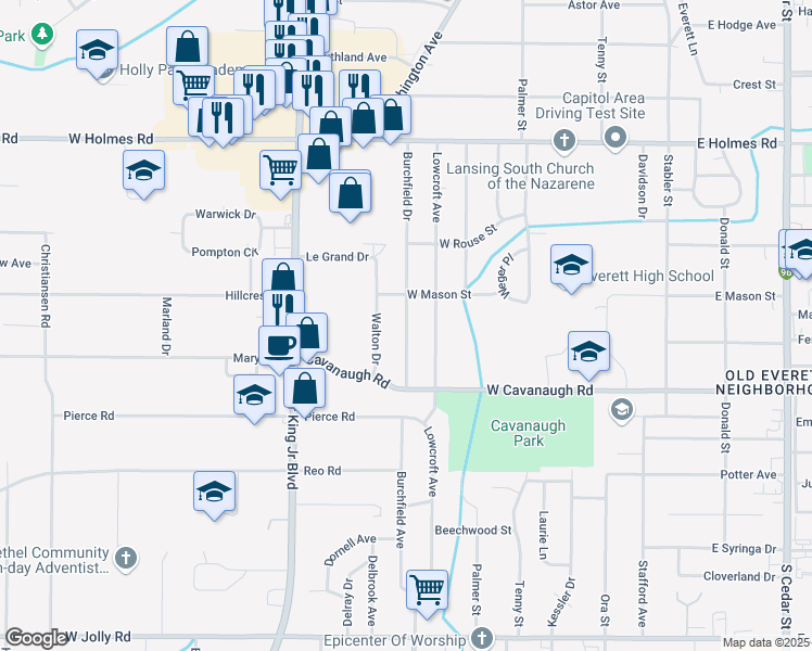 map of restaurants, bars, coffee shops, grocery stores, and more near 4100 Lowcroft Avenue in Lansing