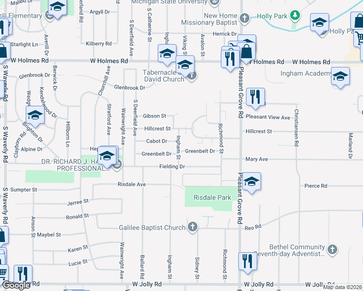 map of restaurants, bars, coffee shops, grocery stores, and more near 4110 Ingham Street in Lansing