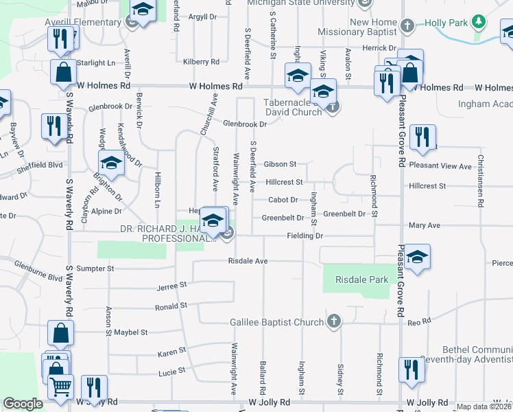 map of restaurants, bars, coffee shops, grocery stores, and more near 3015 Greenbelt Drive in Lansing