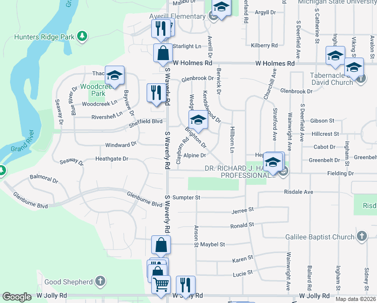 map of restaurants, bars, coffee shops, grocery stores, and more near 3715 Alpine Drive in Lansing