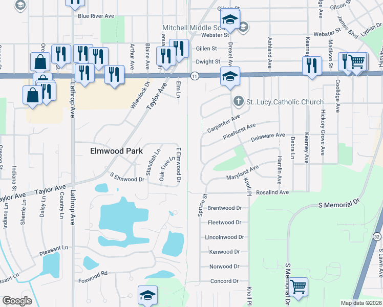 map of restaurants, bars, coffee shops, grocery stores, and more near 3174 Spruce Street in Racine