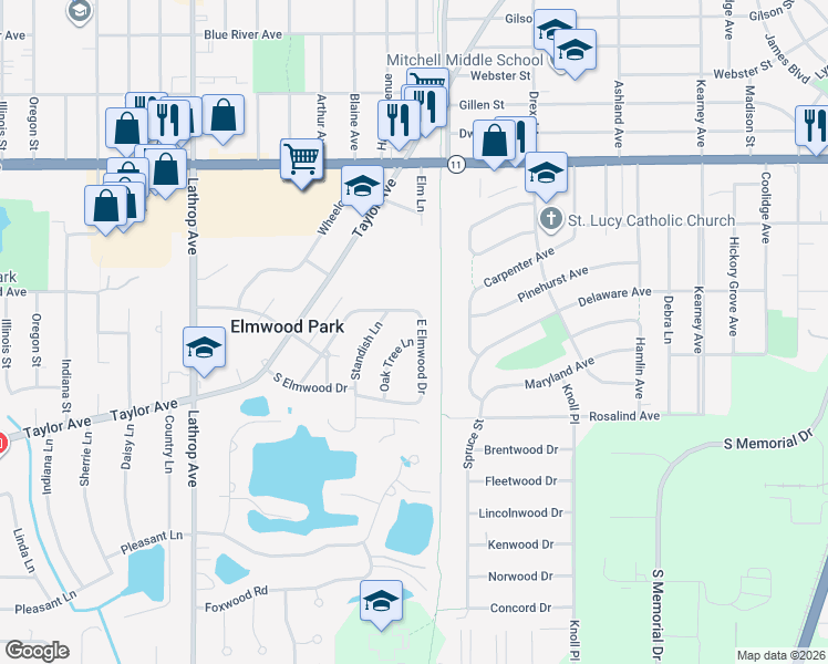 map of restaurants, bars, coffee shops, grocery stores, and more near 3413 Oak Tree Lane in Racine