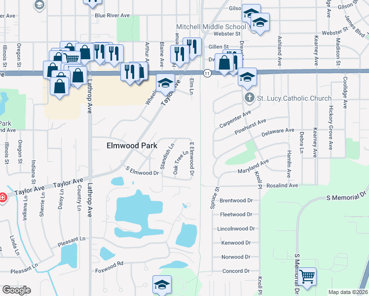 map of restaurants, bars, coffee shops, grocery stores, and more near 3413 Oak Tree Lane in Racine
