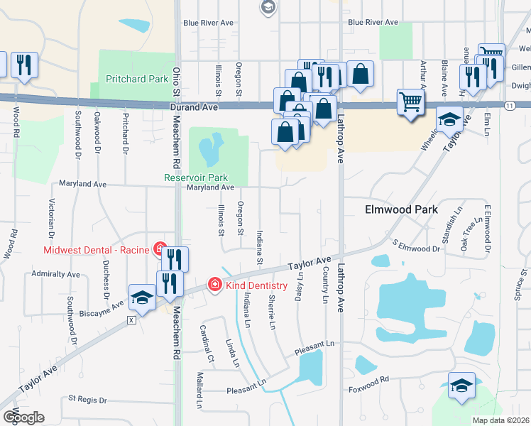 map of restaurants, bars, coffee shops, grocery stores, and more near 3410 Indiana Street in Mount Pleasant