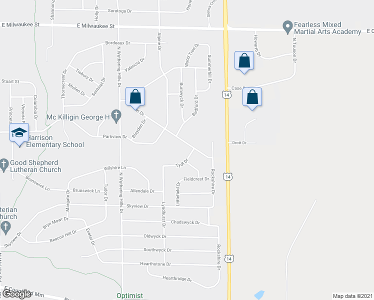 map of restaurants, bars, coffee shops, grocery stores, and more near 4349 Tydl Drive in Janesville