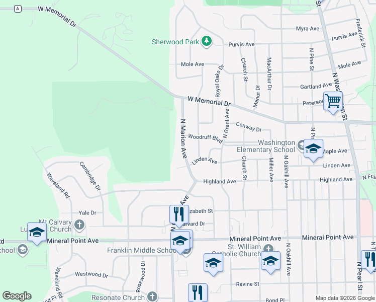 map of restaurants, bars, coffee shops, grocery stores, and more near 800 North Marion Avenue in Janesville