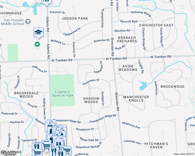 map of restaurants, bars, coffee shops, grocery stores, and more near 703 Snowmass Drive in Rochester Hills