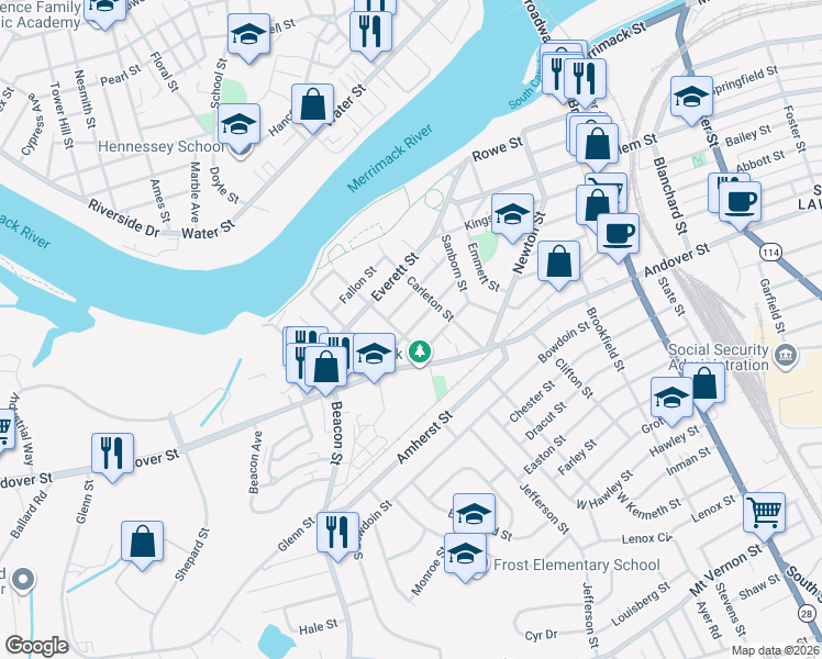 map of restaurants, bars, coffee shops, grocery stores, and more near 60 Coolidge Street in Lawrence