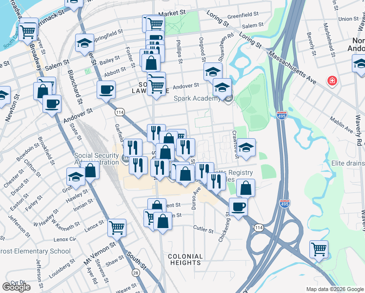 map of restaurants, bars, coffee shops, grocery stores, and more near 90-98 Winthrop Avenue in Lawrence