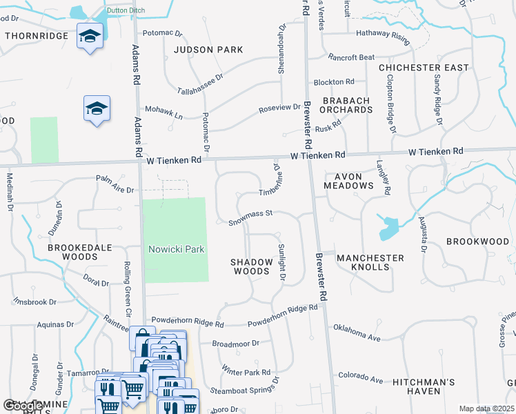 map of restaurants, bars, coffee shops, grocery stores, and more near 703 Snowmass Drive in Rochester Hills