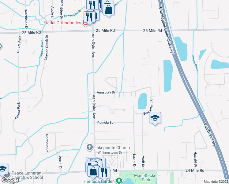 map of restaurants, bars, coffee shops, grocery stores, and more near 54117 Powderhorn Ridge in Shelby Township