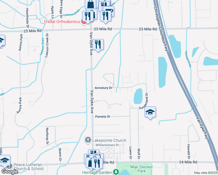 map of restaurants, bars, coffee shops, grocery stores, and more near 8190 Annsbury Drive in Macomb County