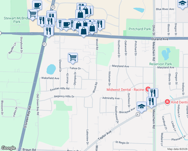 map of restaurants, bars, coffee shops, grocery stores, and more near 3410 Wood Road in Mount Pleasant