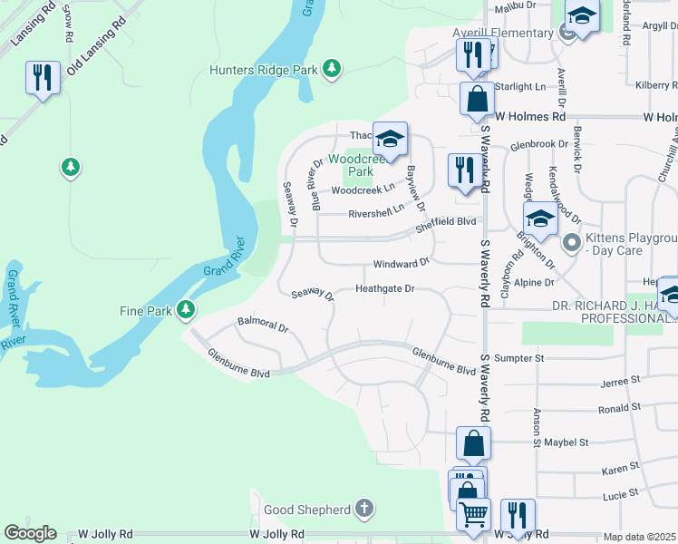 map of restaurants, bars, coffee shops, grocery stores, and more near 4154 Heathgate Drive in Lansing