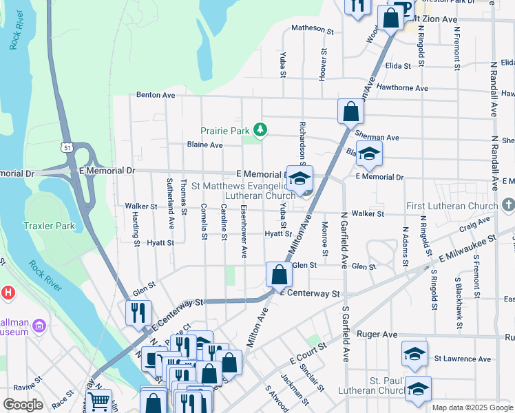 map of restaurants, bars, coffee shops, grocery stores, and more near 615 Prairie Avenue in Janesville