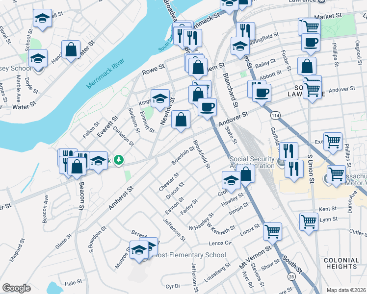 map of restaurants, bars, coffee shops, grocery stores, and more near 448 Andover Street in Lawrence