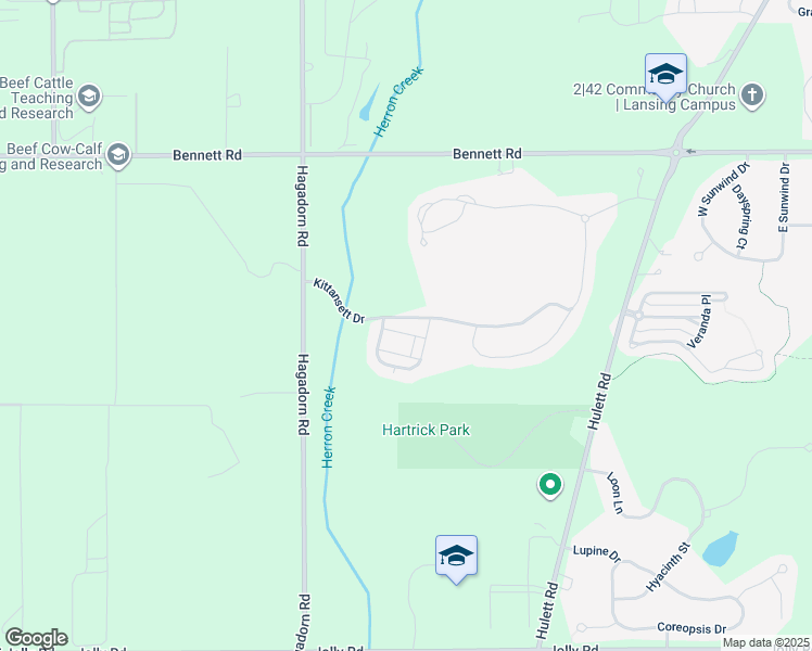 map of restaurants, bars, coffee shops, grocery stores, and more near 2832 Kittanset Drive in Lansing