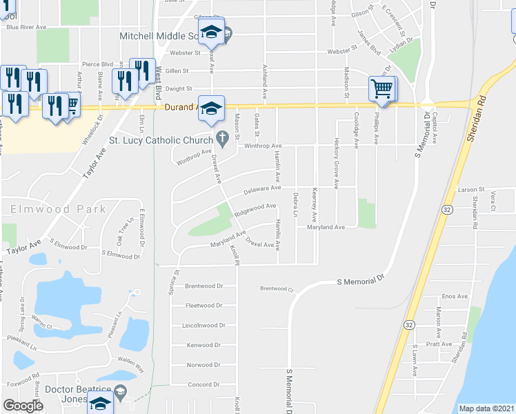 map of restaurants, bars, coffee shops, grocery stores, and more near 2533 Ridgewood Avenue in Racine
