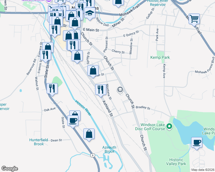 map of restaurants, bars, coffee shops, grocery stores, and more near 39 Montana Street in North Adams