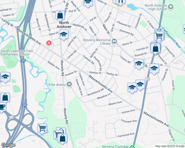 map of restaurants, bars, coffee shops, grocery stores, and more near 103 Putnam Road in North Andover