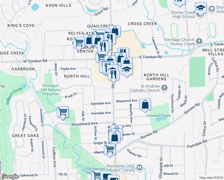 map of restaurants, bars, coffee shops, grocery stores, and more near 6842 South Rochester Road in Troy