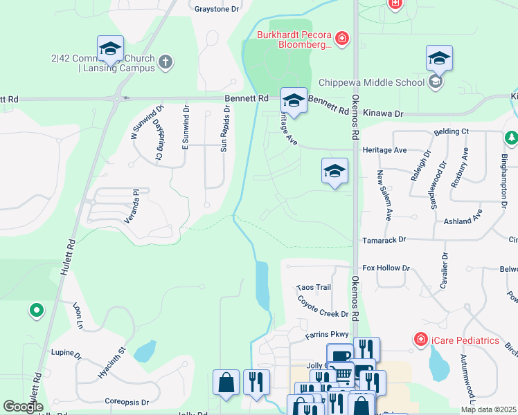 map of restaurants, bars, coffee shops, grocery stores, and more near 2385 Club Meridian Drive in Meridian charter Township