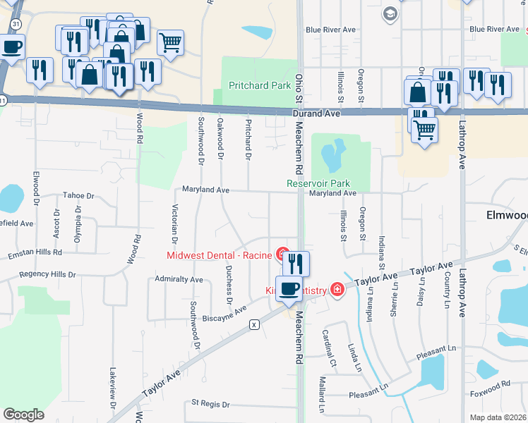 map of restaurants, bars, coffee shops, grocery stores, and more near 4915 Maryland Avenue in Racine