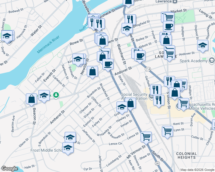 map of restaurants, bars, coffee shops, grocery stores, and more near 409 Andover Street in Lawrence