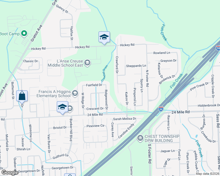 map of restaurants, bars, coffee shops, grocery stores, and more near 53307 Crawford Drive in New Baltimore