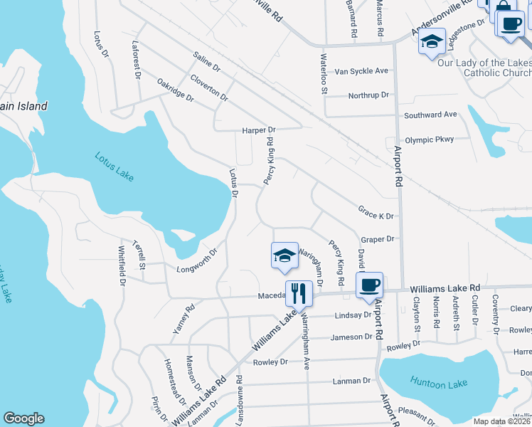 map of restaurants, bars, coffee shops, grocery stores, and more near 3886 Percy King Road in Waterford Township