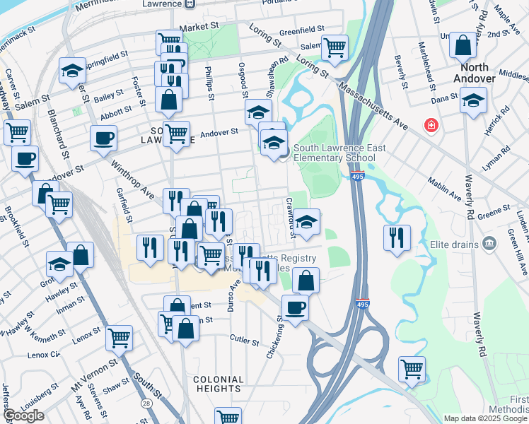 map of restaurants, bars, coffee shops, grocery stores, and more near 172 Osgood Street in Lawrence