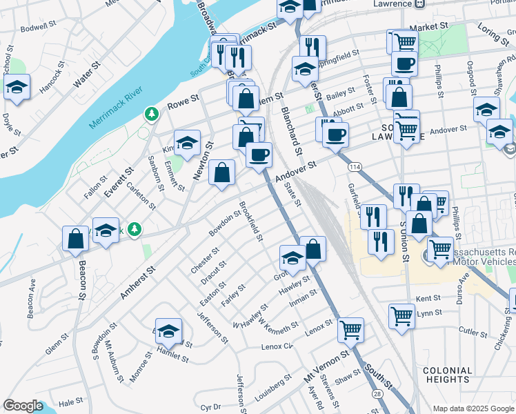 map of restaurants, bars, coffee shops, grocery stores, and more near 409 Andover Street in Lawrence