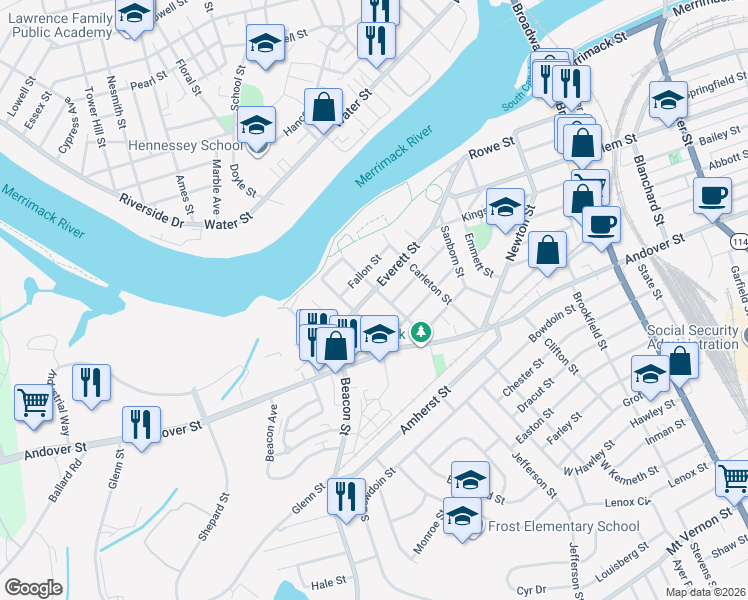 map of restaurants, bars, coffee shops, grocery stores, and more near 95 Everett Street in Lawrence